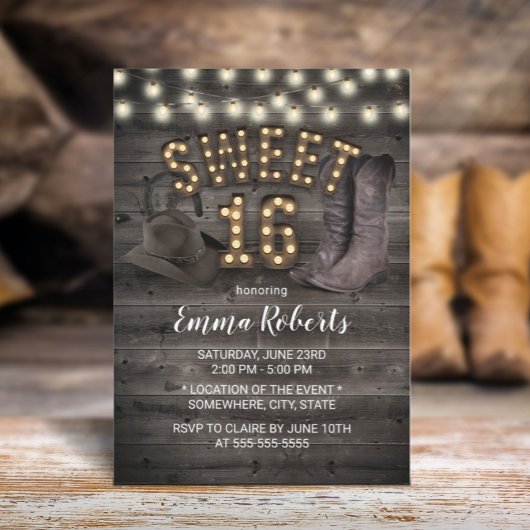 Invitation Cowgirl Rustic Grange Bois Western Sweet 16