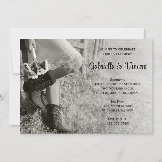 Invitation Cowgirl Sunflowers Country Engagement Party b/w (Devant)