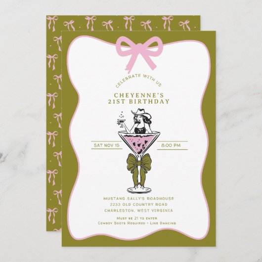 Invitation Cowgirl Whimsical Main dessinée 21ème anniversaire (Devant / Derrière)
