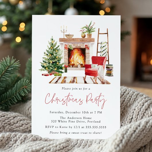 Invitation Cozy Christmas Tree and Fireplace Christmas Party