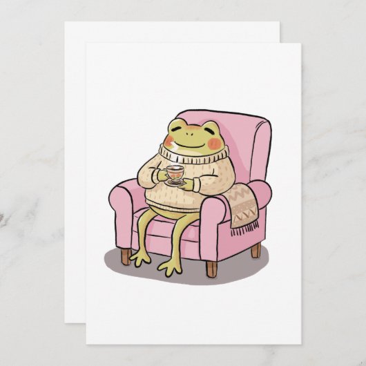 Invitation Cozy Frog Drinking Tea On Sofa Illustration (Devant / Derrière)