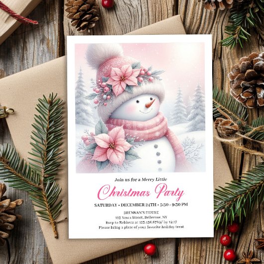 Invitation Cozy Pink Coquette Snowman Editable Christmas Kids