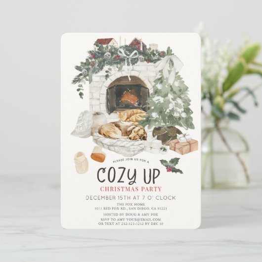 Invitation Cozy Up Fireplace Cat Dog Christmas Holiday Party (Debout devant)