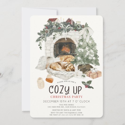 Invitation Cozy Up Fireplace Cat Dog Christmas Holiday Party (Devant)
