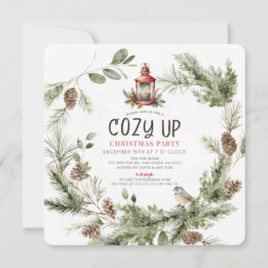 Invitation Cozy Up Greenery Wreath Christmas Holiday Party (Devant)
