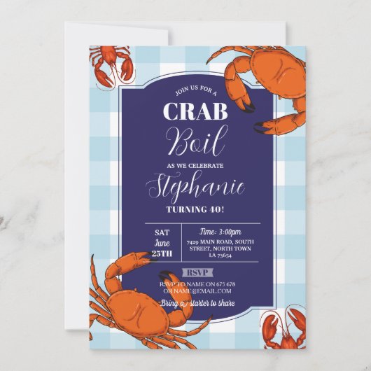 Invitation Crabe bouil fête d'anniversaire Marine Fruits de m (Devant)