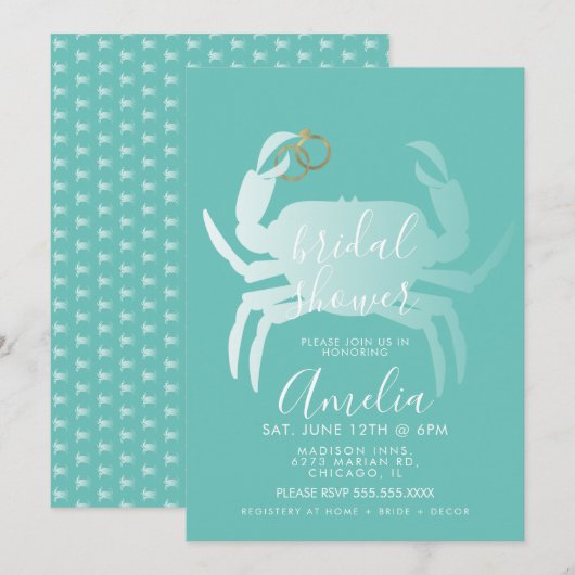 Invitation Crabe Crustacé Sarcelle Océan Shower de Mariée (Devant / Derrière)