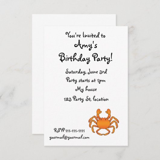 Invitation Crabe orange (Devant / Derrière)