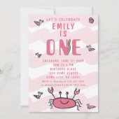 Invitation Crabe rose Animaux de la mer Fille 1er anniversair (Devant)