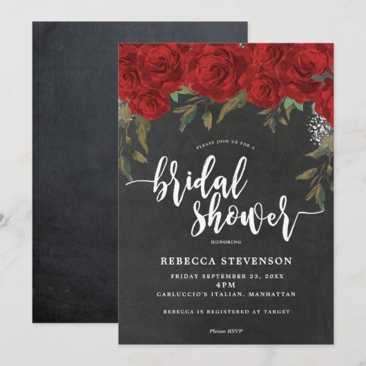 Invitation craie d'invitation à la nuptiale fleurie roses rou (Devant / Derrière)