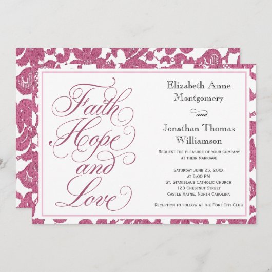 Invitation Cranberry Lace Script Faith Hope & Love Mariage (Devant / Derrière)