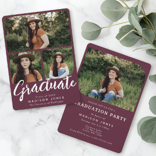 Invitation Cranberry Modern Script 4 Photos Graduation Party
