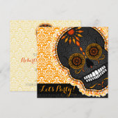 Invitation Crâne à sucre orange et noir de Feliz Muertos (Devant / Derrière)