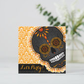 Invitation Crâne à sucre orange et noir de Feliz Muertos (Debout devant)