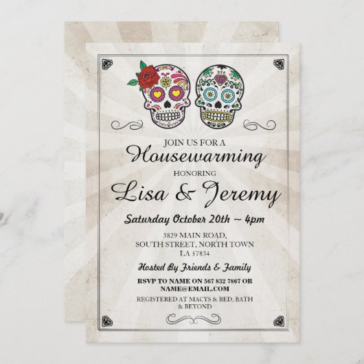 Invitation Crâne à sucre rustique chaud domestique Halloween  (Devant / Derrière)