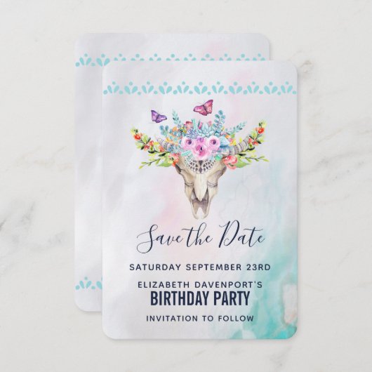 Invitation Crâne animal Boho avec papillons et fleurs (Devant / Derrière)