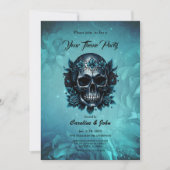 Invitation Crâne bleu foncé avec rose (Devant)