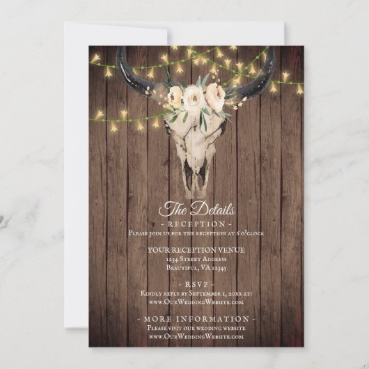 Invitation Crâne Boho et lumières sur bois tout en un Mariage (Dos)