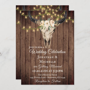 Invitation Crâne Boho et lumières sur bois tout en un Mariage
