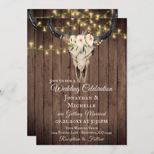 Invitation Crâne boho rustique et lumières sur Mariage bois (Devant / Derrière)