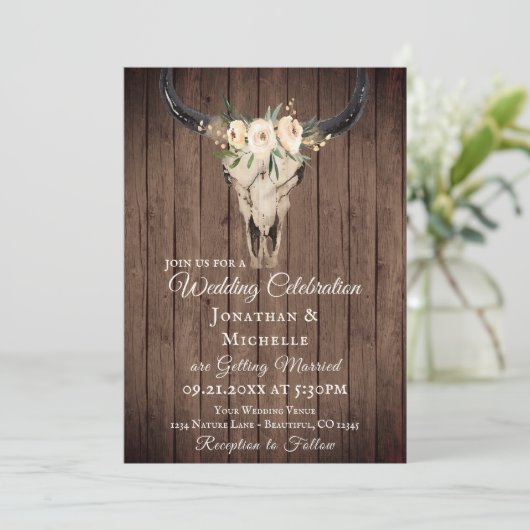 Invitation Crâne boho rustique sur bois tout en un Mariage (Debout devant)