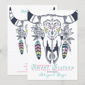 Invitation Crâne Boho Turquoise n Sweet sixteen rose Annivers