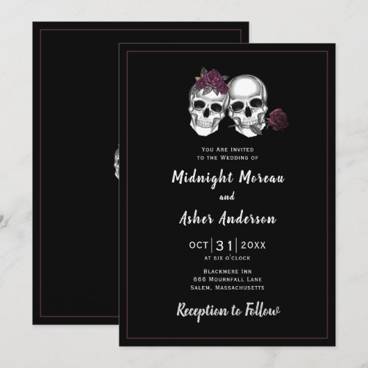 Invitation Crâne Couple Roses Mariage gothique (Devant / Derrière)