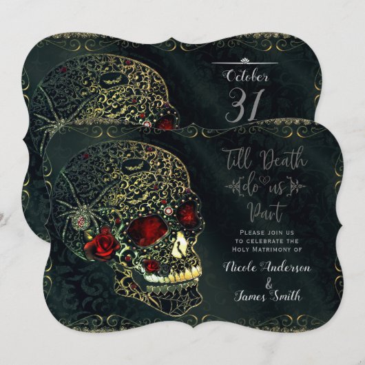 Invitation Crâne de araignée orné de bijoux et roses mariage  (Devant / Derrière)