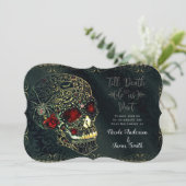 Invitation Crâne de araignée orné de bijoux et roses mariage  (Debout devant)