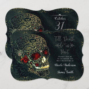 Invitation Crâne de araignée orné de bijoux et roses mariage 