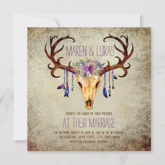 Invitation Crâne de Cerf avec Bois Rustique Mariage Campagnar (Devant)