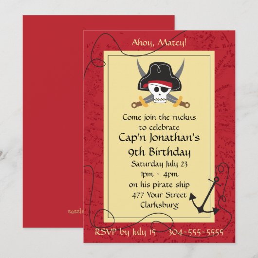 Invitation Crâne de pirate et anniversaire croisé d'épées (Devant / Derrière)