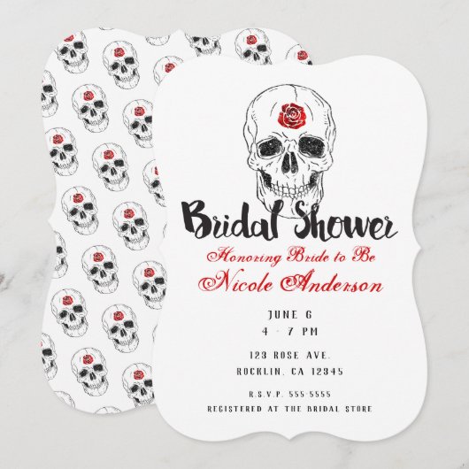 Invitation Crâne de squelette os noirs rose rouge enterrement (Devant / Derrière)