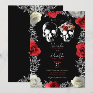 Invitation Crâne de squelette Roses rouges blanches Mariage g
