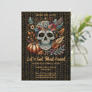 Invitation Crâne de sucre brodé Fleurs d'automne Pastel Gothi