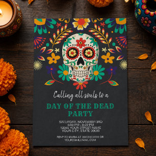 Invitation Crâne de sucre fleuri coloré pour la fête des mort