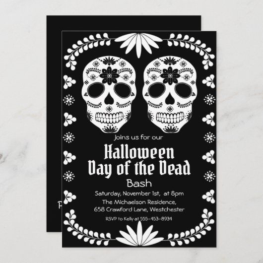Invitation Crâne de Sucre Mexicain Fête Noir et Blanc (Devant / Derrière)