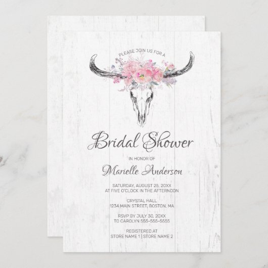 Invitation Crâne de vache rustique Boho Blush Fête des mariée (Devant / Derrière)