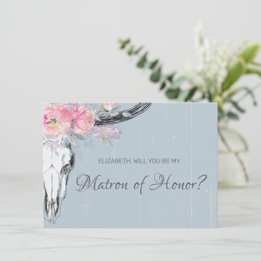 Invitation Crâne de vache rustique Boho Blush Floral Matron d (Debout devant)