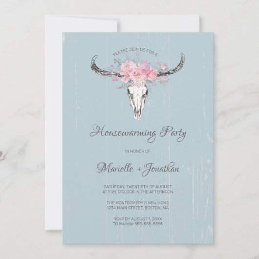 Invitation Crâne de vache rustique Boho Floral Bleu Ménage (Devant)