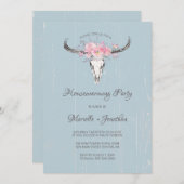 Invitation Crâne de vache rustique Boho Floral Bleu Ménage (Devant / Derrière)