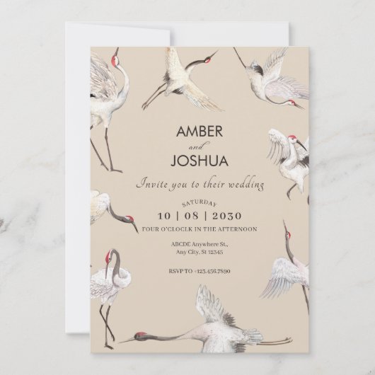 Invitation Crane douce beige oiseaux art mariage (Devant)