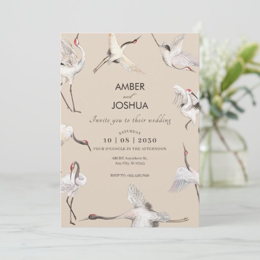 Invitation Crane douce beige oiseaux art mariage (Debout devant)