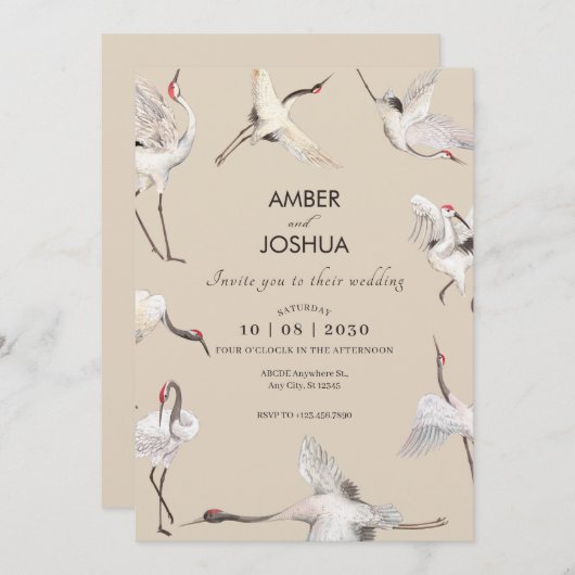 Invitation Crane douce beige oiseaux art mariage (Devant / Derrière)