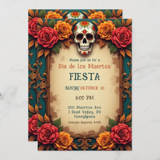 Invitation 💀 🎉 crâne et manuscrits, Día de Muertos (Devant / Derrière)