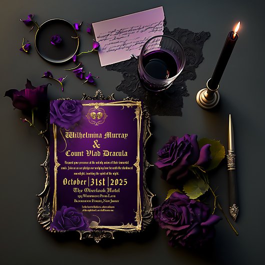 Invitation Crâne et os gothiques vintages Mariage violet