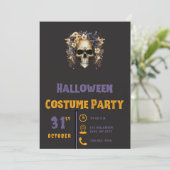 Invitation Crâne Fleurs Blanches & Bleues Halloween Noir Mode (Debout devant)