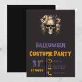 Invitation Crâne Fleurs Blanches & Bleues Halloween Noir Mode (Devant / Derrière)