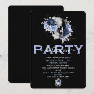 Invitation Crâne Floral Bleu Élégant pour Soirée Halloween Ad