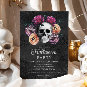 Invitation Crâne Floral Gothique Élégant Halloween